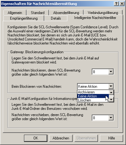 Auf der Seite "Intelligenter Nachrichtenfilter" unter "Gateway Blockierungskonfiguration, "Beim Blockieren von Nachrichten" bitte "Keine Aktion" auswählen. Sie können auch eine andere Auswahl treffen, aber auf keinen Fall "Ablehnen". Auf der Seite "Intelligenter Nachrichtenfilter" unter "Gateway Blockierungskonfiguration, "Beim Blockieren von Nachrichten" bitte "Keine Aktion" auswählen. Sie können auch eine andere Auswahl treffen, aber auf keinen Fall "Ablehnen".