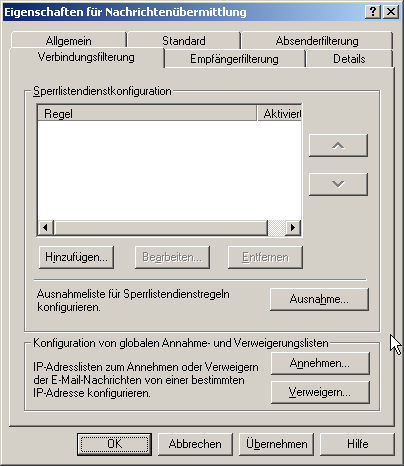 Auf der Seite "Verbindungsfilterung" sollte sichergestellt sein das entweder keine Filterung stattfindet oder aber der Rechner auf dem POPcon installiert ist keine Beschränkung hat. Auf der Seite "Verbindungsfilterung" sollte sichergestellt sein das entweder keine Filterung stattfindet oder aber der Rechner auf dem POPcon installiert ist keine Beschränkung hat.