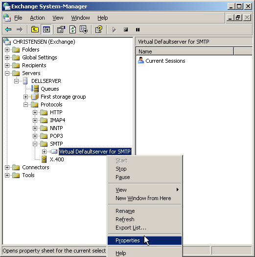 zum Vergrößern anklicken Die Einstellungen für den SMTP-Server finden Sie unter Server/Protokolle/SMTP/Standard-SMTP-Server. Öffnen Sie die Eigenschaften per Rechtsklick auf den Standard-SMTP-Server und Auswahl von „Eigenschaften“